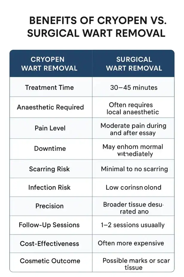 Table showing the benefits of cryopen to remove warts Walsall compared to surgical treatment